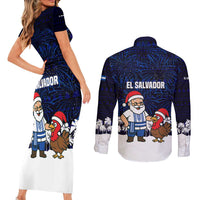 El Salvador Christmas Couples Matching Short Sleeve Bodycon Dress and Long Sleeve Button Shirt with Santa Claus Turkey Fireworks Palm Trees and National Emblem Design - Wonder Print Shop
