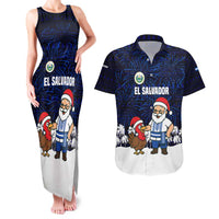 El Salvador Christmas Couples Matching Tank Maxi Dress and Hawaiian Shirt with Santa Claus Turkey Fireworks Palm Trees and National Emblem Design - Wonder Print Shop