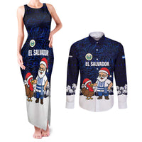 El Salvador Christmas Couples Matching Tank Maxi Dress and Long Sleeve Button Shirt with Santa Claus Turkey Fireworks Palm Trees and National Emblem Design - Wonder Print Shop