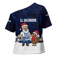 El Salvador Christmas Cross Shoulder Shirt with Santa Claus Turkey Fireworks Palm Trees and National Emblem Design - Wonder Print Shop