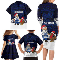 El Salvador Christmas Family Matching Long Sleeve Bodycon Dress and Hawaiian Shirt with Santa Claus Turkey Fireworks Palm Trees and National Emblem Design - Wonder Print Shop