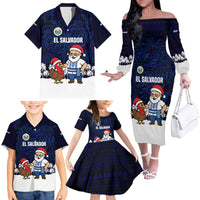 El Salvador Christmas Family Matching Off The Shoulder Long Sleeve Dress and Hawaiian Shirt with Santa Claus Turkey Fireworks Palm Trees and National Emblem Design - Wonder Print Shop