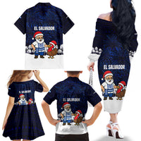 El Salvador Christmas Family Matching Off The Shoulder Long Sleeve Dress and Hawaiian Shirt with Santa Claus Turkey Fireworks Palm Trees and National Emblem Design - Wonder Print Shop