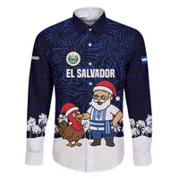 El Salvador Christmas Family Matching Off The Shoulder Long Sleeve Dress and Hawaiian Shirt with Santa Claus Turkey Fireworks Palm Trees and National Emblem Design - Wonder Print Shop