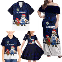 El Salvador Christmas Family Matching Off Shoulder Maxi Dress and Hawaiian Shirt with Santa Claus Turkey Fireworks Palm Trees and National Emblem Design - Wonder Print Shop