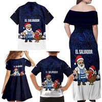 El Salvador Christmas Family Matching Off Shoulder Maxi Dress and Hawaiian Shirt with Santa Claus Turkey Fireworks Palm Trees and National Emblem Design - Wonder Print Shop