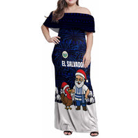 El Salvador Christmas Family Matching Off Shoulder Maxi Dress and Hawaiian Shirt with Santa Claus Turkey Fireworks Palm Trees and National Emblem Design - Wonder Print Shop