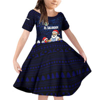 El Salvador Christmas Family Matching Off Shoulder Short Dress and Hawaiian Shirt with Santa Claus Turkey Fireworks Palm Trees and National Emblem Design - Wonder Print Shop