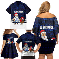 El Salvador Christmas Family Matching Off Shoulder Short Dress and Hawaiian Shirt with Santa Claus Turkey Fireworks Palm Trees and National Emblem Design - Wonder Print Shop
