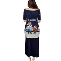 El Salvador Christmas Family Matching Puletasi and Hawaiian Shirt with Santa Claus Turkey Fireworks Palm Trees and National Emblem Design - Wonder Print Shop