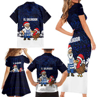 El Salvador Christmas Family Matching Short Sleeve Bodycon Dress and Hawaiian Shirt with Santa Claus Turkey Fireworks Palm Trees and National Emblem Design - Wonder Print Shop