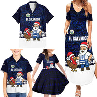 El Salvador Christmas Family Matching Summer Maxi Dress and Hawaiian Shirt with Santa Claus Turkey Fireworks Palm Trees and National Emblem Design - Wonder Print Shop