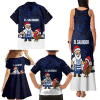 El Salvador Christmas Family Matching Tank Maxi Dress and Hawaiian Shirt with Santa Claus Turkey Fireworks Palm Trees and National Emblem Design - Wonder Print Shop