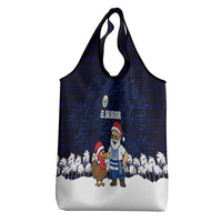 El Salvador Christmas Grocery Bag with Santa Claus Turkey Fireworks Palm Trees and National Emblem Design - Wonder Print Shop