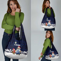 El Salvador Christmas Grocery Bag with Santa Claus Turkey Fireworks Palm Trees and National Emblem Design - Wonder Print Shop