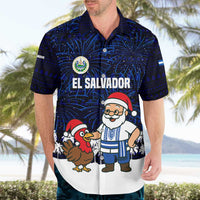 El Salvador Christmas Hawaiian Shirt with Santa Claus Turkey Fireworks Palm Trees and National Emblem Design - Wonder Print Shop