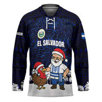 El Salvador Christmas Hockey Jersey with Santa Claus Turkey Fireworks Palm Trees and National Emblem Design - Wonder Print Shop