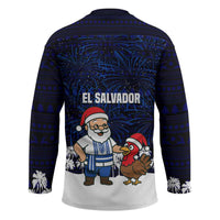 El Salvador Christmas Hockey Jersey with Santa Claus Turkey Fireworks Palm Trees and National Emblem Design - Wonder Print Shop