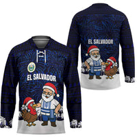 El Salvador Christmas Hockey Jersey with Santa Claus Turkey Fireworks Palm Trees and National Emblem Design - Wonder Print Shop