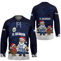 El Salvador Christmas Hockey Jersey with Santa Claus Turkey Fireworks Palm Trees and National Emblem Design - Wonder Print Shop