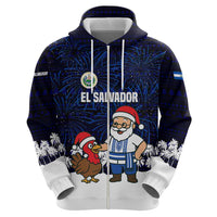 El Salvador Christmas Hoodie with Santa Claus Turkey Fireworks Palm Trees and National Emblem Design - Wonder Print Shop