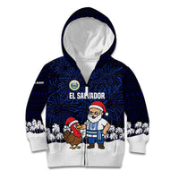 El Salvador Christmas Kid Hoodie with Santa Claus Turkey Fireworks Palm Trees and National Emblem Design - Wonder Print Shop