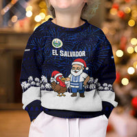 El Salvador Christmas Kid Ugly Christmas Sweater with Santa Claus Turkey Fireworks Palm Trees and National Emblem Design - Wonder Print Shop