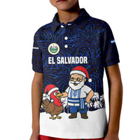 El Salvador Christmas Kid Polo Shirt with Santa Claus Turkey Fireworks Palm Trees and National Emblem Design - Wonder Print Shop