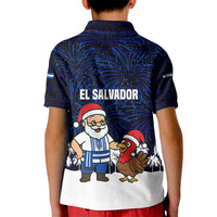 El Salvador Christmas Kid Polo Shirt with Santa Claus Turkey Fireworks Palm Trees and National Emblem Design - Wonder Print Shop