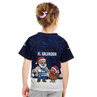 El Salvador Christmas Kid T Shirt with Santa Claus Turkey Fireworks Palm Trees and National Emblem Design - Wonder Print Shop
