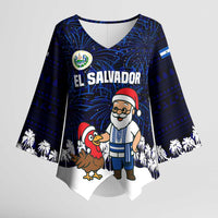 El Salvador Christmas Kimono Sleeve Blouse with Santa Claus Turkey Fireworks Palm Trees and National Emblem Design - Wonder Print Shop