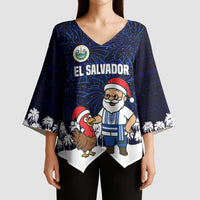 El Salvador Christmas Kimono Sleeve Blouse with Santa Claus Turkey Fireworks Palm Trees and National Emblem Design - Wonder Print Shop