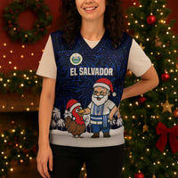 El Salvador Christmas Knitted V-Neck Vest with Santa Claus Turkey Fireworks Palm Trees and National Emblem Design - Wonder Print Shop