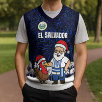 El Salvador Christmas Knitted V-Neck Vest with Santa Claus Turkey Fireworks Palm Trees and National Emblem Design - Wonder Print Shop