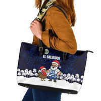 El Salvador Christmas Leather Tote Bag with Santa Claus Turkey Fireworks Palm Trees and National Emblem Design - Wonder Print Shop