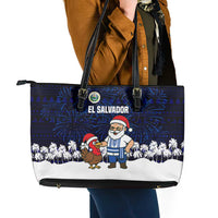 El Salvador Christmas Leather Tote Bag with Santa Claus Turkey Fireworks Palm Trees and National Emblem Design - Wonder Print Shop