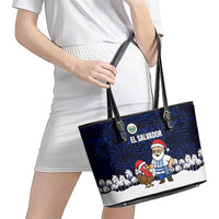 El Salvador Christmas Leather Tote Bag with Santa Claus Turkey Fireworks Palm Trees and National Emblem Design - Wonder Print Shop
