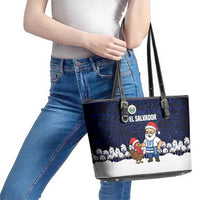 El Salvador Christmas Leather Tote Bag with Santa Claus Turkey Fireworks Palm Trees and National Emblem Design - Wonder Print Shop