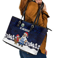 El Salvador Christmas Leather Tote Bag with Santa Claus Turkey Fireworks Palm Trees and National Emblem Design - Wonder Print Shop