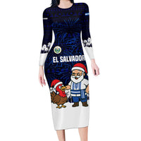 El Salvador Christmas Long Sleeve Bodycon Dress with Santa Claus Turkey Fireworks Palm Trees and National Emblem Design - Wonder Print Shop