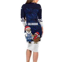 El Salvador Christmas Long Sleeve Bodycon Dress with Santa Claus Turkey Fireworks Palm Trees and National Emblem Design - Wonder Print Shop