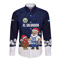 El Salvador Christmas Long Sleeve Button Shirt with Santa Claus Turkey Fireworks Palm Trees and National Emblem Design - Wonder Print Shop
