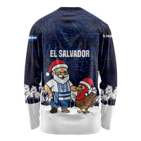 El Salvador Christmas Long Sleeve Shirt with Santa Claus Turkey Fireworks Palm Trees and National Emblem Design - Wonder Print Shop