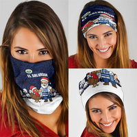 El Salvador Christmas Neck Gaiter with Santa Claus Turkey Fireworks Palm Trees and National Emblem Design - Wonder Print Shop