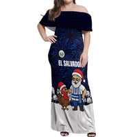 El Salvador Christmas Off Shoulder Maxi Dress with Santa Claus Turkey Fireworks Palm Trees and National Emblem Design - Wonder Print Shop