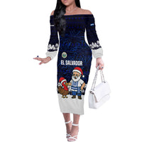El Salvador Christmas Off The Shoulder Long Sleeve Dress with Santa Claus Turkey Fireworks Palm Trees and National Emblem Design - Wonder Print Shop