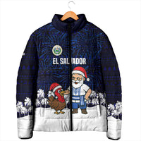 El Salvador Christmas Padded Jacket with Santa Claus Turkey Fireworks Palm Trees and National Emblem Design - Wonder Print Shop
