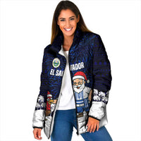 El Salvador Christmas Padded Jacket with Santa Claus Turkey Fireworks Palm Trees and National Emblem Design - Wonder Print Shop