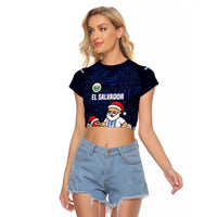 El Salvador Christmas Raglan Cropped T Shirt with Santa Claus Turkey Fireworks Palm Trees and National Emblem Design - Wonder Print Shop