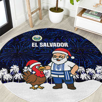 El Salvador Christmas Round Carpet with Santa Claus Turkey Fireworks Palm Trees and National Emblem Design - Wonder Print Shop